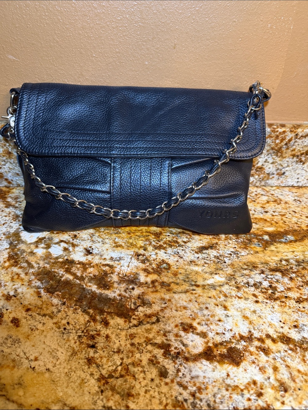 YONRS Black Leather Bow Foldover Clutch Crossbody Bag Chain Strap⁠